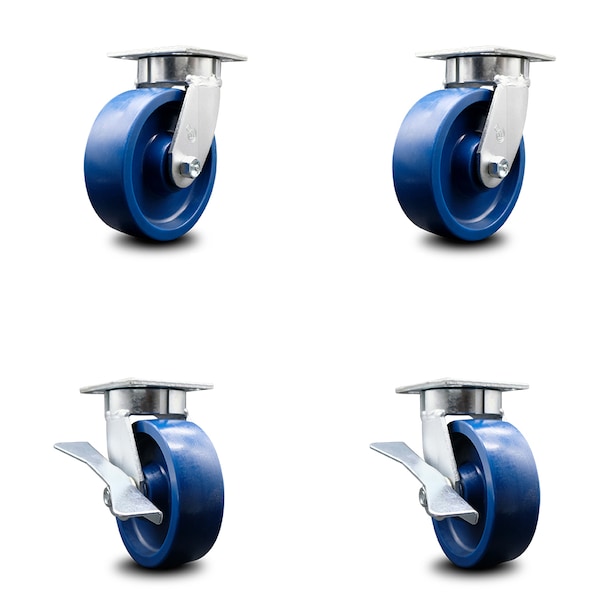 6 Inch Kingpinless Solid Poly Wheel Swivel Caster Set with 2 Brakes SCC